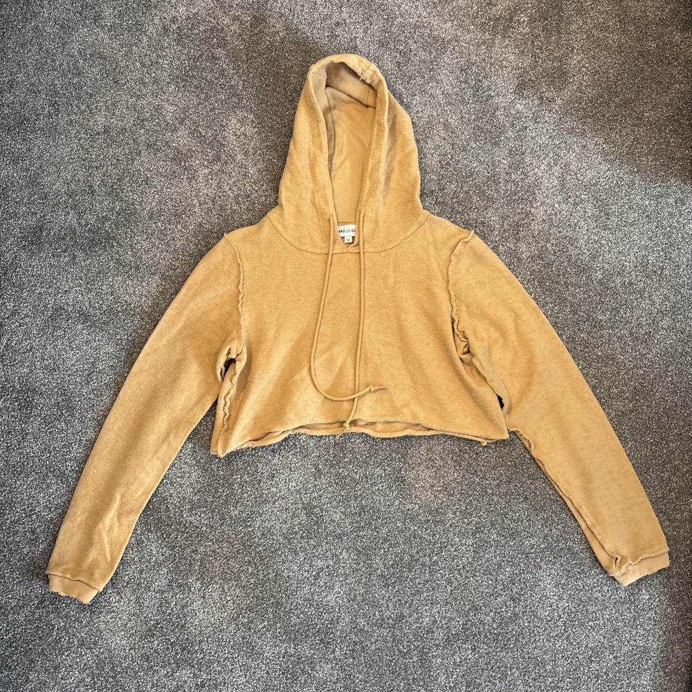 Danielle Guizo Distressed Inside Out Cropped Hoodie Women Medium Tan Crop Top